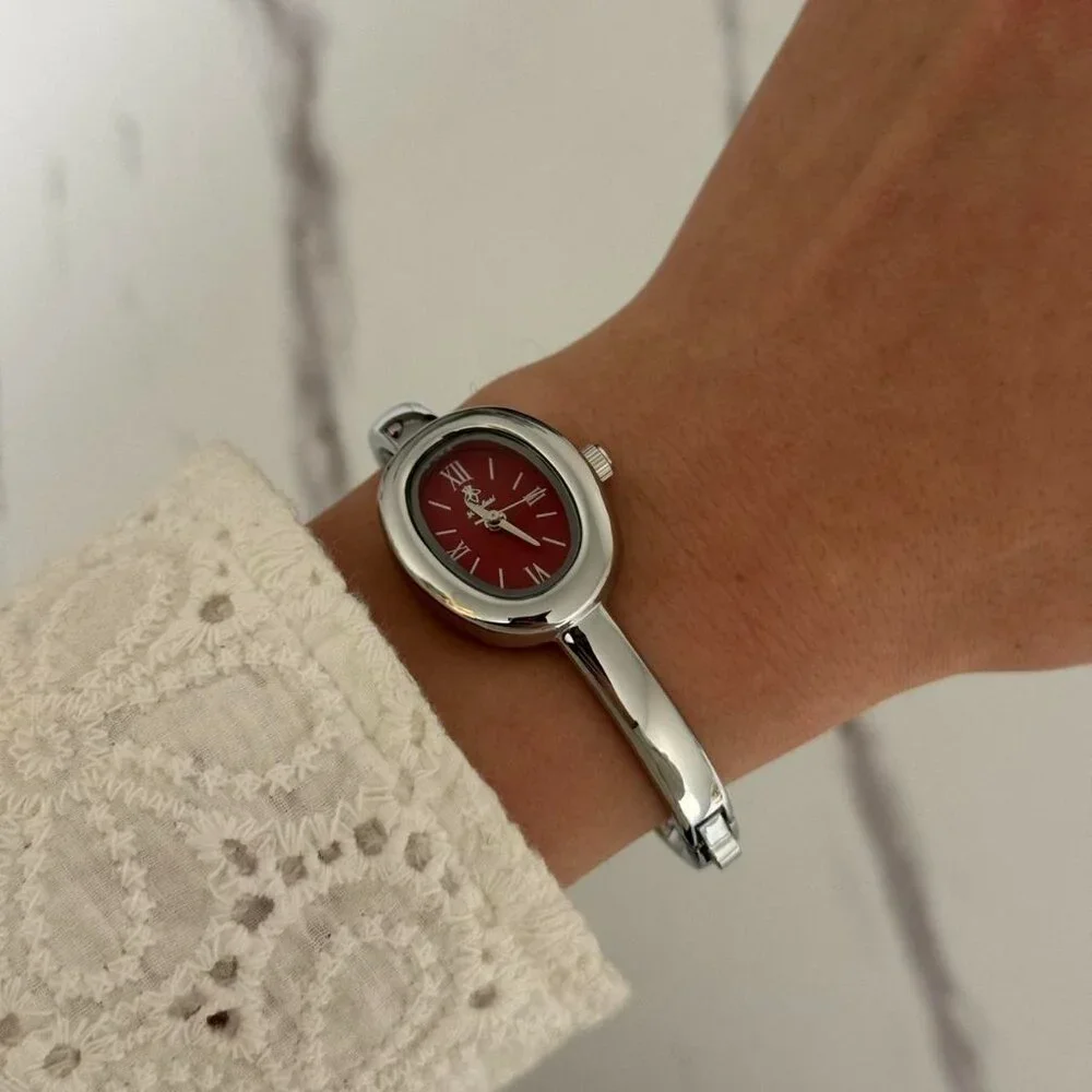 Sku:0405 Silver burgundy red mini watch silver bracelet + gift box Vintage‎ vibe